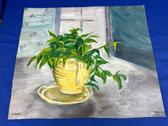 C.1950 STILL LIFE Painting, Oil on Paper 19.75″ x 17.25″ Plant in Yellow Pitcher