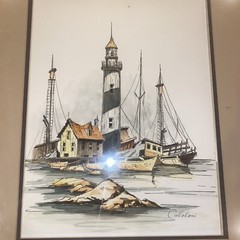 Vintage Watercolor Painting Original Signed Framed Caloloni Lighthouse