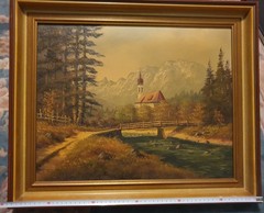 Original Oil Painting Landscape Village Church Signed 49x59cm Oil On Canvas Picture