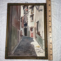 Vintage 1959 European street landscape watercolor painting signed hand painted