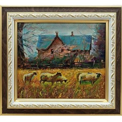 Rural Landscape Oil Painting Signed Sheep Near House Framed Original Art 5×6