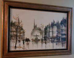 c1960s Albert LeGrand French Street Scene Oil on Canvas Painting Signed