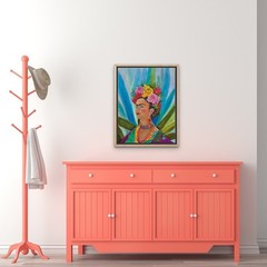 Colorful Frida Kahlo in Nature Bohemian Realism Portrait Blue Small Artwork