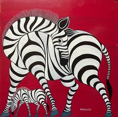 NIHUNDE’s ZEBRA MOTHER AND LITTLE ONE African Tingatinga TRICOLOR