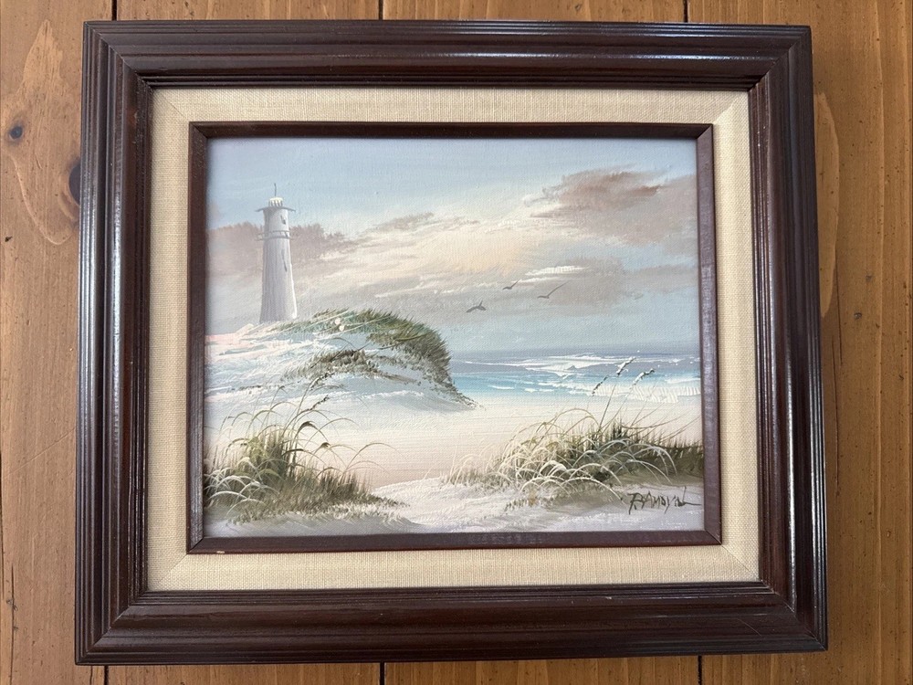 Peaceful Framed Seascape Lighthouse Beach Seagull & Dunes Painting 12.5″ X 14.5”
