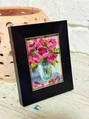 Framed ACEO Original Oil Painting Roses Flowers Vase Art Impasto Signed