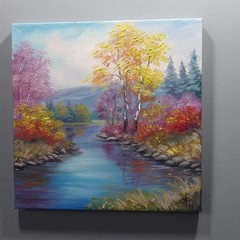 Autumn River Landscape Oil Painting Original Nature Wall Art Canvas Decor 10×10