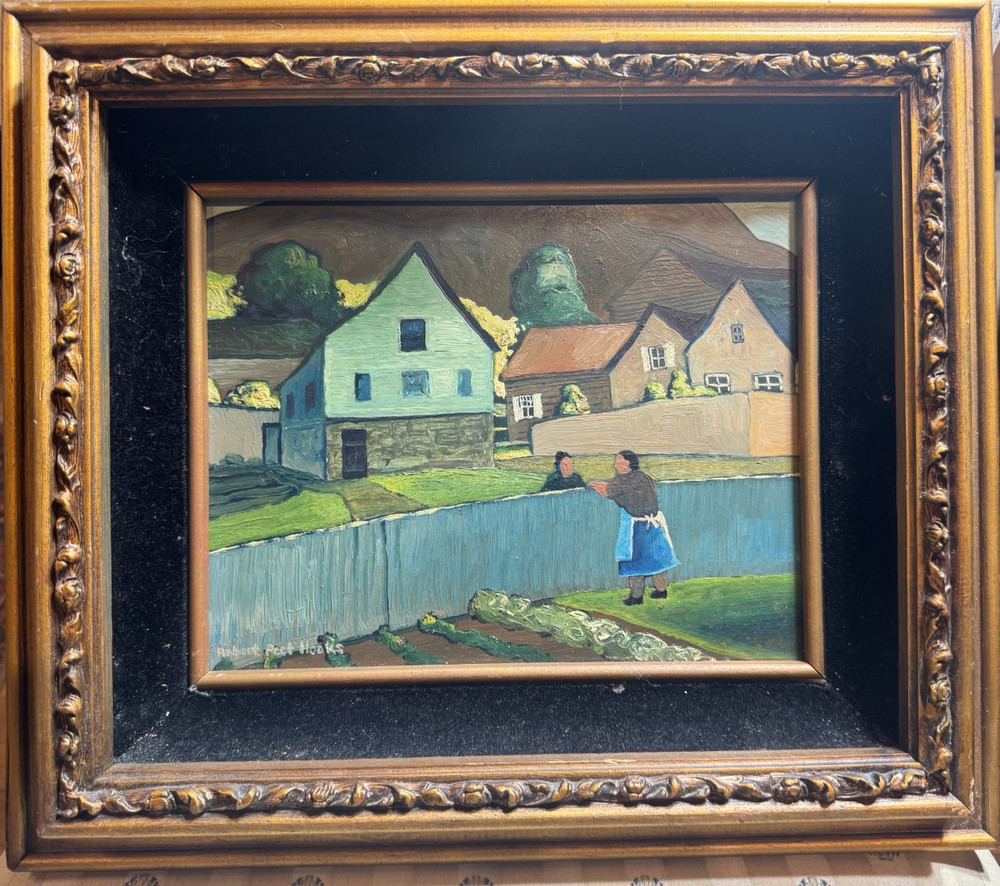 Robert Peet Hooks Signed Oil Painting Village Woman Houses Folk Art Framed 15×13