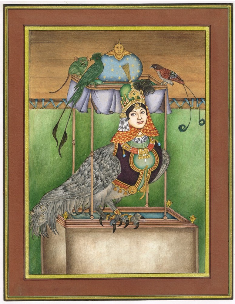 Persian Miniature Painting Of Birds With Woman Face On Paper 10.5×13.5 Inches