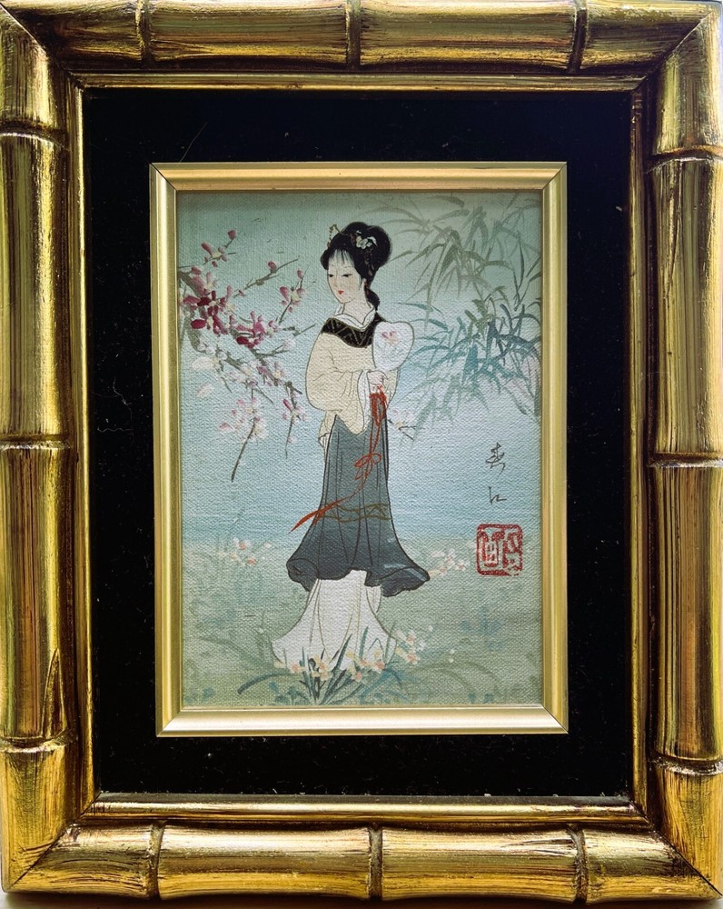 Framed Geisha Girl in Floral Landscape Watercolor Casein Painting on Cork Paper