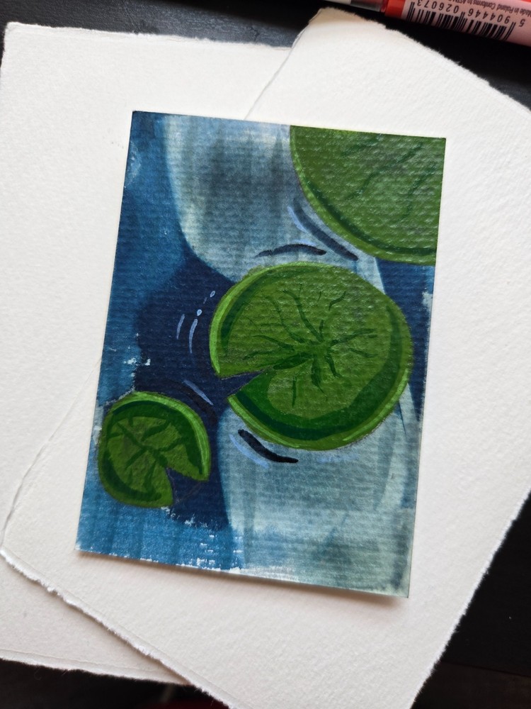 Original ACEO Lily Pad 2.5 inches by 3.5 inches gouache cyanotype