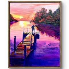 TITA PAINTZ Colorful Sunset Pier Fisherman Art Handmade 11×14 Painting