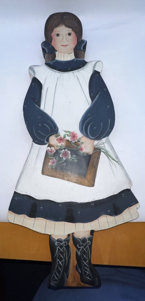 Vintage American Folk Art Painting On Wood Cut Out School Girl Signed 19”x 8”