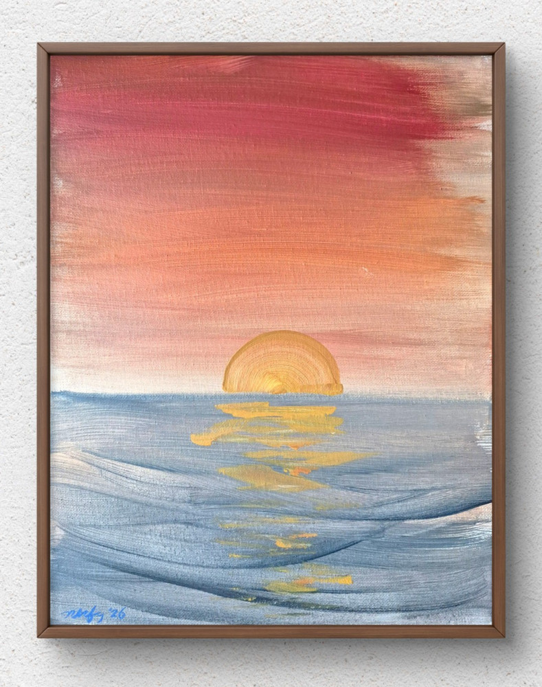 Original Expressionist 11×14 Sunset Ocean Acrylic Canvas Art Red Warm Signed A40