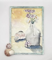 Vintage 8×11 Framed Floral Shells Watercolor Painting Ocean Beach Life
