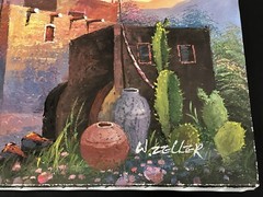 90’s 12×16 Signed Oil Painting ‚W. Zeller‘ Southwest/Adobe Houses Cactus Sunset