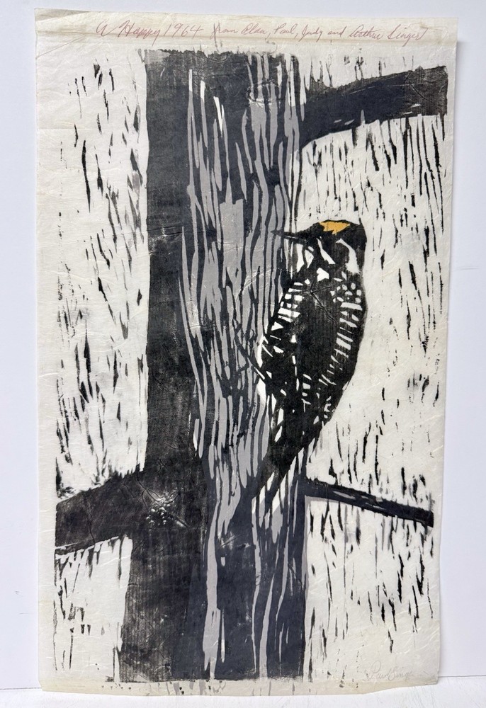 Paul Singer & Family Orig Bird Woodpecker Art Block Print/Painting, Signed, 1964