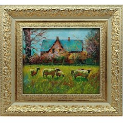 Summer nature Oil painting Original art Rural landscape sheep 5 x 6 inches