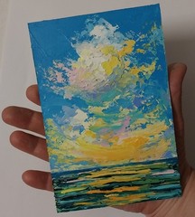 Framed Sunset Seascape Sunset Clouds Evening Sea Art 4×6” Original Oil Painting