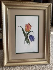 Original Watercolor Painting Tulips in Color Floral Art Signed 2007 Framed Decor