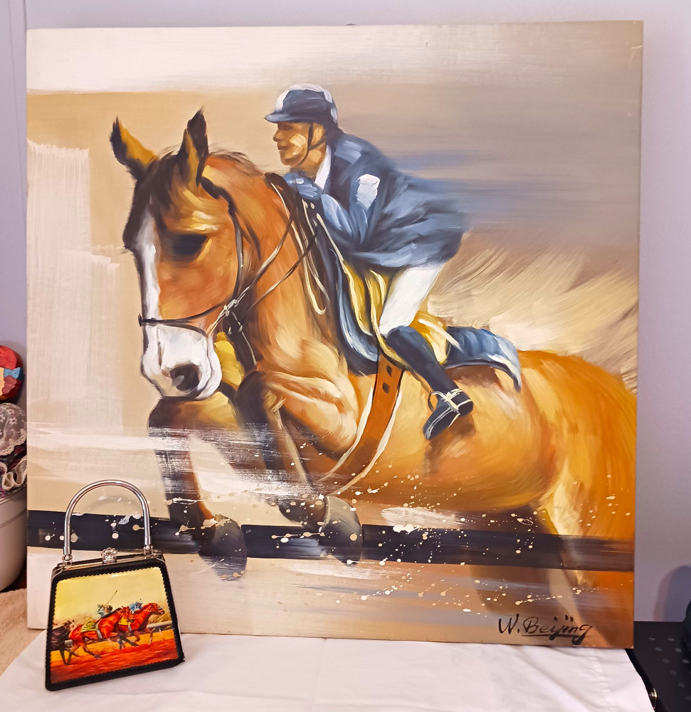 W. Beijing Large Signed Canvas Painting Horse & Jockey Equestrian Unframed 32×32