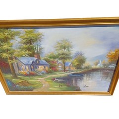 Cottage On The Lake Original Oil Painting Framed 38.5x27in C Jaffey?