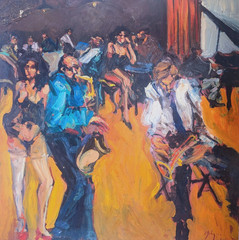 Claudio Scheffer Oil Painting Jazz Scene 24×24 Expressionist Signed Argentina