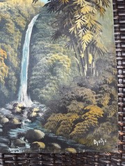 Antique Waterfall Oil Painting On Canvas Burlap Indonesian Rainforest Signed VTG