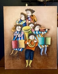 Pair of Signed Joyce Roybal Original Paintings – Musicians & Bicycle Scene