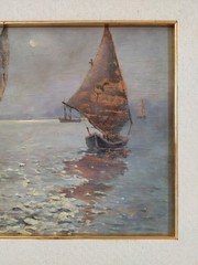 Old Italian Night Marine Scene with Sailboats Original 30’s Oil Painting signed