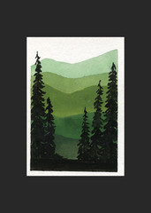 ACEO/ ATC Green Monochrome Mountain Landscape OOAK Original Art SaraClaireArt