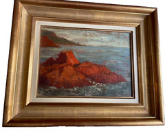 1920s French Impressionism Original Oil on Board Signed Seascape Red Rocks Sea