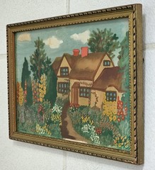 Rare 1930s FRONT OF GLASS PAINTING Cottage Country Garden Hollyhocks COTTAGECORE