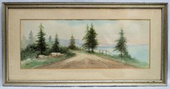 VINTAGE LANDSCAPE COSTAL ROAD WATERCOLOR ON PAPER 20″ X 7 1/2″