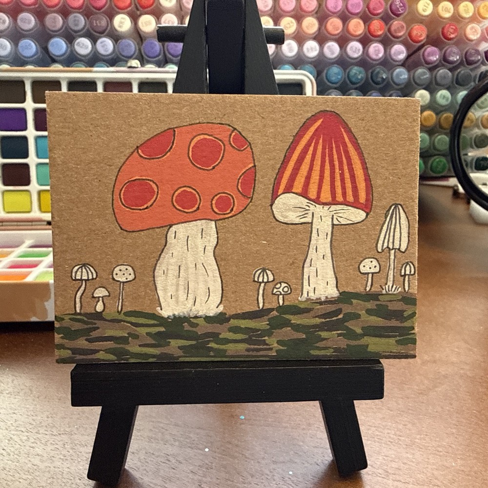 Original Watercolor ACEO – whimsical mushroom art recycle – OOAK Mini Nature