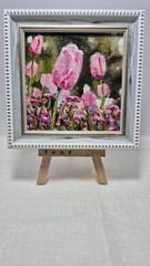 Original autographed oil painting in a frame. Tulips. Impressionism. 4×4 inches.