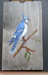 Vintage Blue Jay Painting on Barn Wood Plaque Ella P Jacobs 10″ x 6″