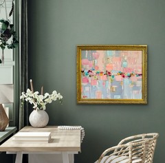 KADLIC Original Oil Painting Modern Abstract Landscape Pinks Gold Gilt 22” Frame