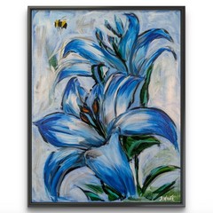 Blue Lilies 11×14 Original Painting Canvas Bee Expressionist Floral Art SWhite