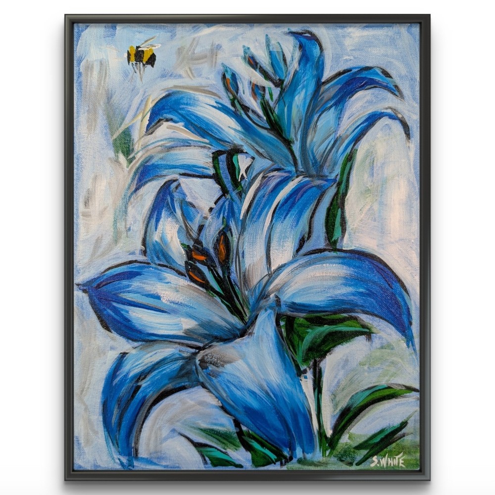 Lily Flowers Original Painting 11×14 Canvas Floral Bee Nature Modern Art SWhite