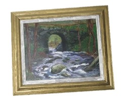 Vintage Signed Impressionism Framed Oil Painting River Running Through Tunnel