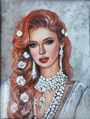 Handmade oil Art: Woman in White Dress with Pearls, 18×24 cm Stretched Canvas