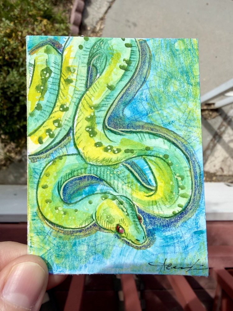 Original ACEO Viridian Snake Painting by Alannah Dyer- Mini Art 2.5×3.5 in. Blue