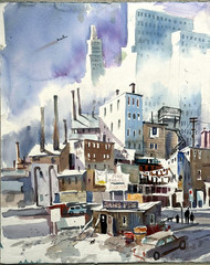 1960s Regionalist Painting of DOWNTOWN LOS ANGELES – GRAND HOTEL and CITY HALL