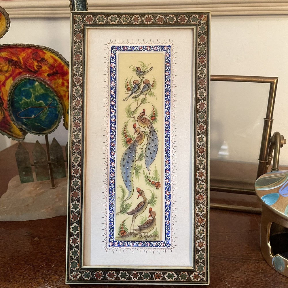 Persian Hand Painted Birds Peacock Flowers on Camel Bone in Khatam Inlay Frame