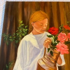 Girl with flowers Young woman portrait original painting Vintage 90s roses