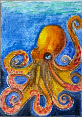 Original ACEO Art Card Hand Painted Watercolor Ocean Octopus