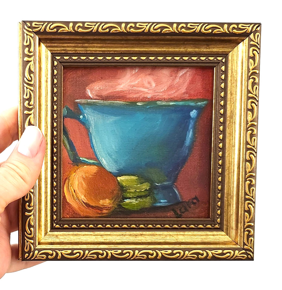 Framed Blue Cup & Macarons Original Oil Painting 4×4 Signed Kitchen Still Life