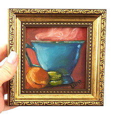 Framed Blue Cup & Macarons Original Oil Painting 4×4 Signed Kitchen Still Life