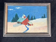 Old Original Oil Painting Winter Snow Landscape Art Red Rural House Barn Framed